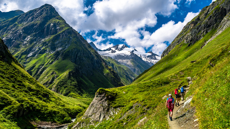 Three people hike on a trail through the Alps