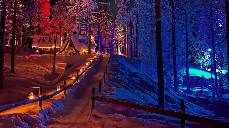 A lit up walkway in Arcandia Arctic Adventure Park in Finland