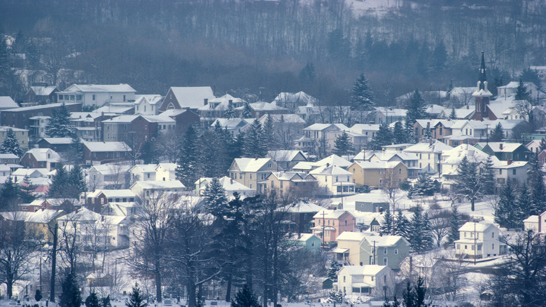 Snow-covered buildings in Frostburg, Maryland