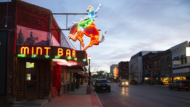 Cowboy neon sign on a downtown road in Sheridan, Wyoming