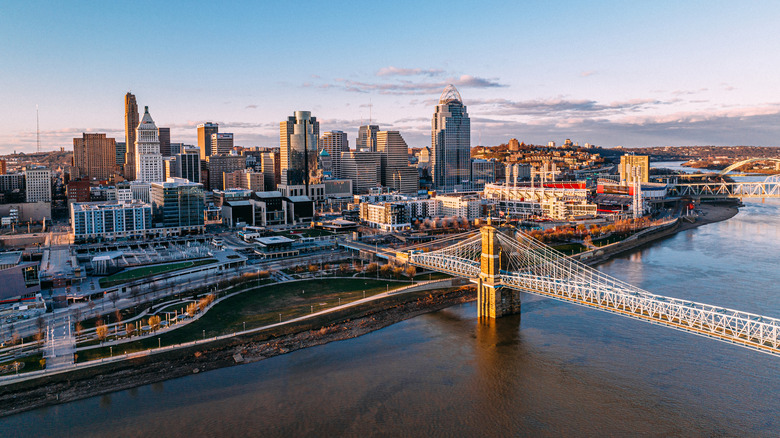 Downtown Cincinnati skyline at sunset