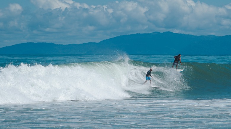 Two surfers riding a wave