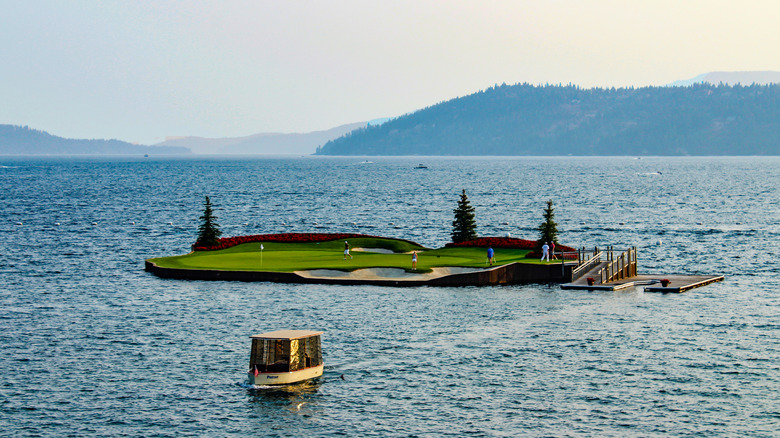 The 14th hole at The Coeur d'Alene Resort Golf Course is an island that requires a boat to reach