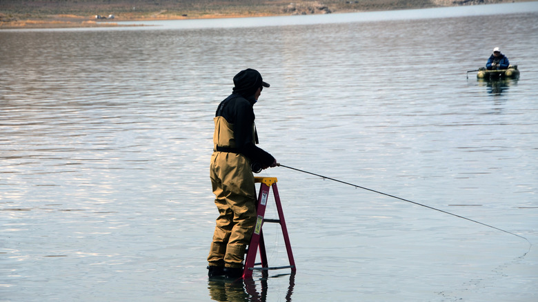 Fisherman standing on step ladder in Pyramid Lake