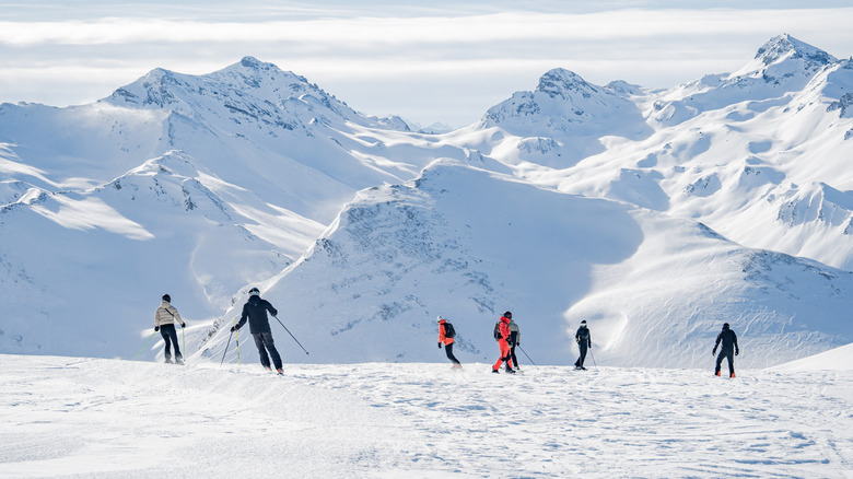 a group of people skiing with snow-covered mountains in the background