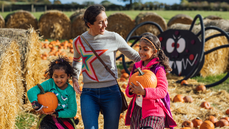 Family walking through pumpkin patch