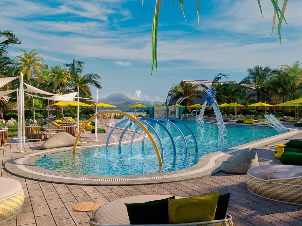 A resort style pool at a beach resort.