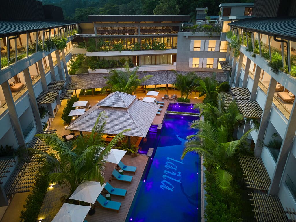 An aerial view of the pool at Laïla, Seychelles, a Tribute Portfolio Resort, Marriott’s first resort in Seychelles.