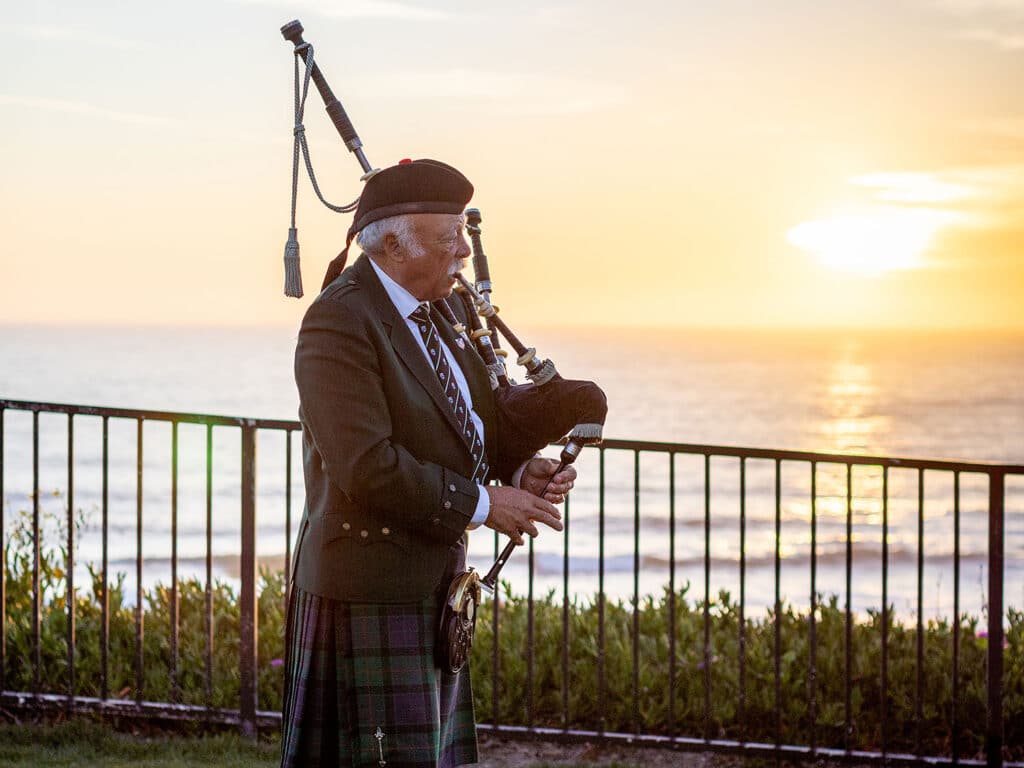 Lynne Miller, the bagpiper at The Ritz-Carlton Half Moon Bay resort in California.